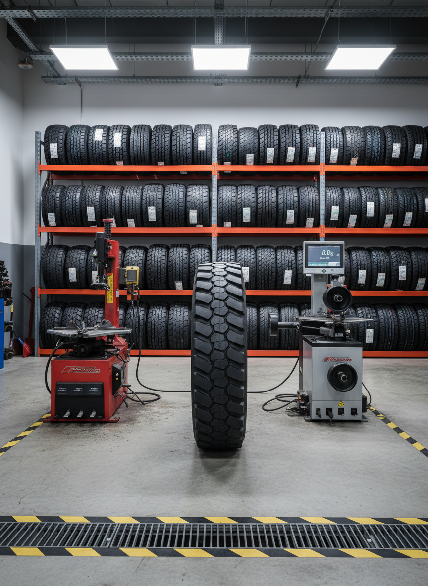 A detailed, photographic realism shot of a tyre and wheel service area dedicated to lorries, trucks, and vans. In the foreground, a heavy-duty commercial tyre with deep tread patterns rests upright next to a robust pneumatic tyre changer and a precise digital wheel balancer. The concrete floor has clear safety stripes and embedded drainage channels. Racks of neatly arranged new tyres in various commercial sizes line the back wall. Bright, even LED lighting from above creates crisp highlights on rubber and metal surfaces, with minimal shadows. Shot at eye level with strong clarity across the frame, the mood is technical, organized, and highly professional, perfect for illustrating tyre replacement services.