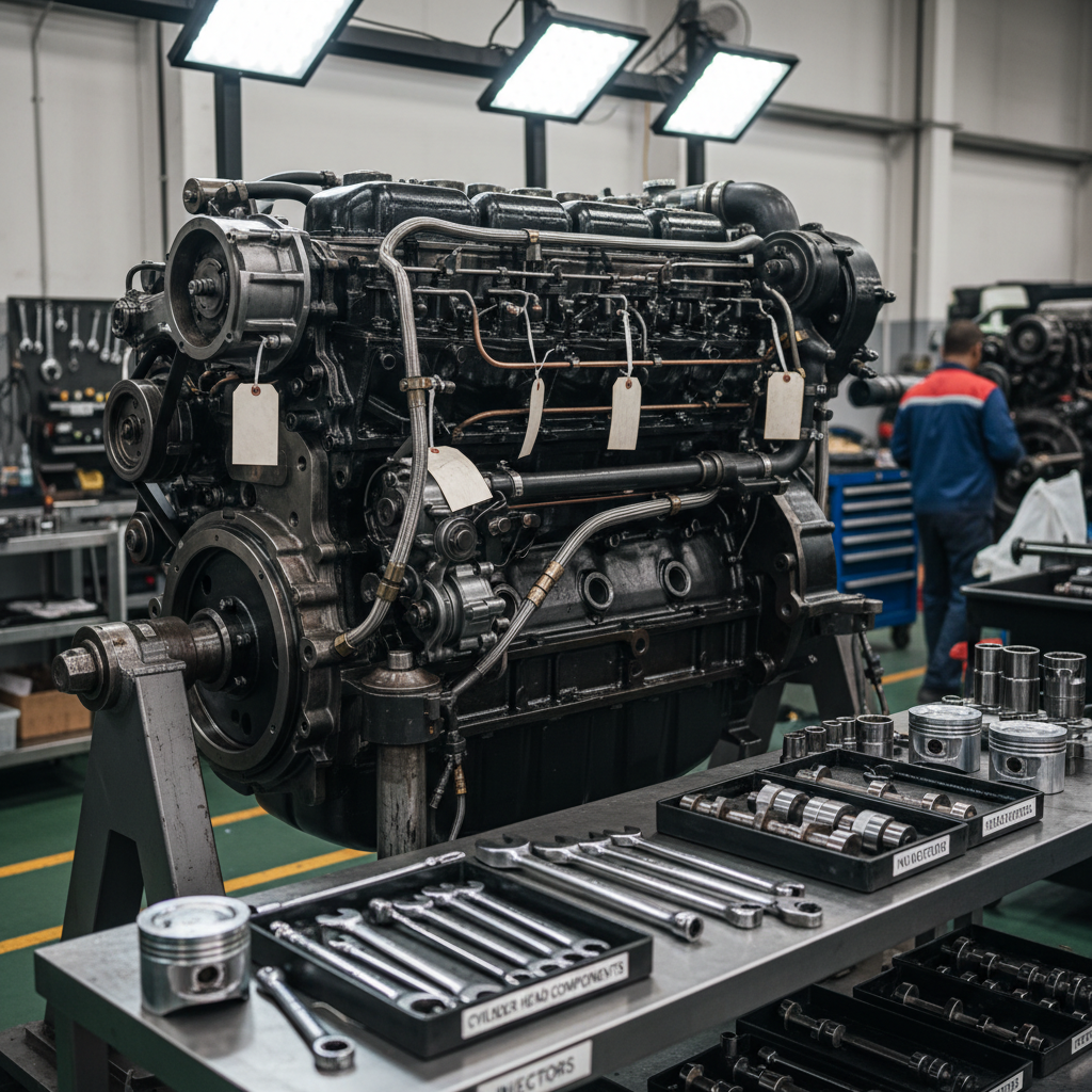 A close-up, photographic realism scene of a large lorry engine undergoing an overhaul inside a clean Kuala Lumpur workshop. The engine block, with dark metallic surfaces and intricate hoses, sits on a sturdy, oil-resistant stand. Around it, neatly arranged torque wrenches, sockets, and labeled parts trays rest on a stainless-steel workbench. Overhead LED lighting creates bright, focused illumination on the engine, highlighting textures of metal, rubber, and carefully cleaned components while casting gentle shadows onto the bench. Captured from a slightly elevated angle with shallow depth of field, the background shows softly blurred workshop equipment, emphasizing precision, professionalism, and specialist expertise in heavy vehicle engines.