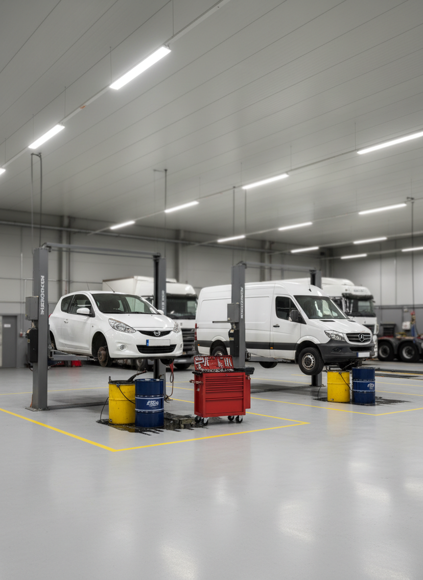 A photographic realism scene of a combined car and van service bay within a larger lorry workshop, emphasizing that all vehicle sizes are welcome. A compact white car and a mid-sized delivery van are lifted on two-post hoists, with their underbodies clearly visible. Beneath them, drip trays, oil drain containers, and sealed barrels of fresh engine oil stand ready beside a tidy rolling tool cabinet. The workshop extends into the background, where larger lorries are faintly visible, softly out of focus. Neutral grey walls and a shiny, well-maintained floor are lit by bright, neutral LED lighting, creating a clear, clinical feel. Shot at eye level with a wide composition, the mood is professional, efficient, and inclusive of different vehicle types.
