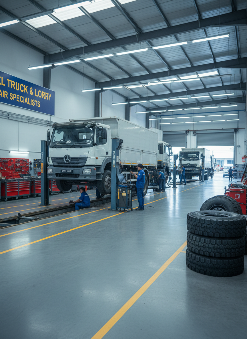 A wide-angle, photographic realism view of a professional lorry and truck repair workshop in Kuala Lumpur. Multiple heavy-duty lorries and a few vans are positioned on hydraulic lifts and over inspection pits, surrounded by neatly organized tool cabinets, diagnostic machines, and stacks of commercial-grade tyres. The concrete floor is clean and slightly reflective, with yellow safety markings leading through the bay. Cool, diffused daylight enters from large roller doors, complemented by bright overhead LED strips, creating crisp, even lighting with soft shadows. Shot at eye level with sharp focus throughout, conveying a modern, efficient, and trustworthy atmosphere perfect for a homepage hero image.