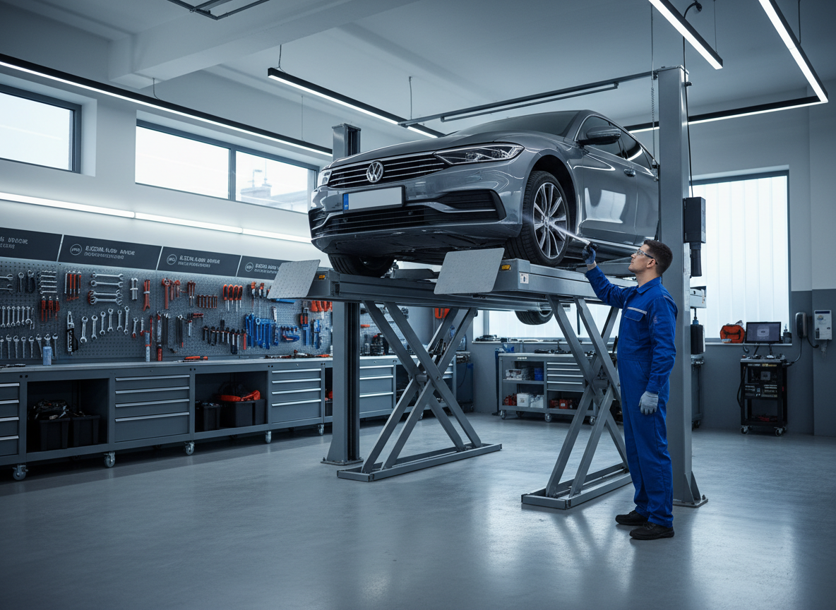 Mechanic servicing a passenger car on a hydraulic lift in a clean workshop